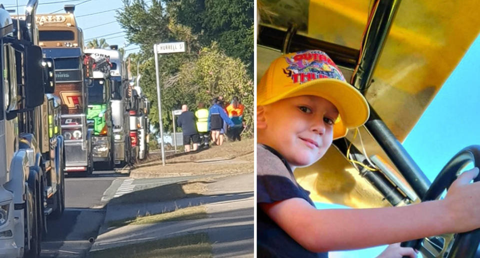Left, the moving moment can be seen with a row of trucks lining the street in Brisbane. Right, Calib can be seen wearing a yellow cap at the wheel of a truck.