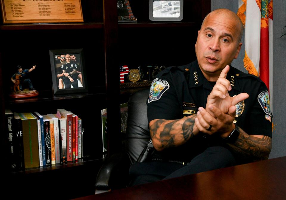 Palm Bay Police Chief Mario Augello answers questions during an interview with FLORIDA TODAY reporter Rick Neale in July.