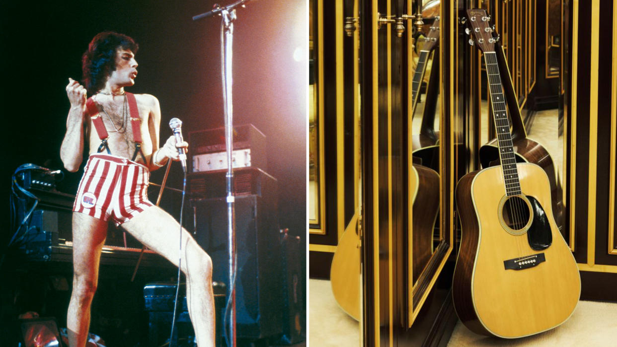  Freddie Mercury performs onstage with Queen in 1977 (left), a Martin D-35 acoustic guitar once owned by Freddie Mercury 