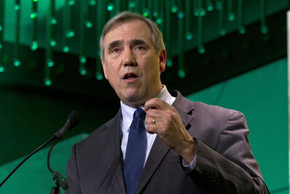 FILE - In this Jan. 24, 2019, file photo Sen. Jeff Merkley, D-Ore., speaks during the U.S. Conference of Mayors meeting in Washington. Democrats hoping to unseat President Donald Trump in 2020 are dancing with the freshman stars these days in an unprecedented pursuit of still-green lawmakers in an institution driven by seniority. For these political suitors, there’s credibility to be gained from the younger, more diverse and social media-savvy members of the biggest freshman class since Watergate. (AP Photo/Jose Luis Magana, File)