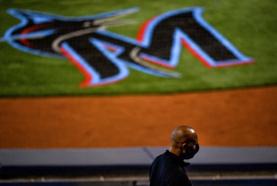 MIAMI, FLORIDA - JULY 16: Miami Marlins CEO Derek Jeter in the stands wearing a mask during an intrasquad game at Marlins Park on July 16, 2020 in Miami, Florida. (Photo by Mark Brown/Getty Images)