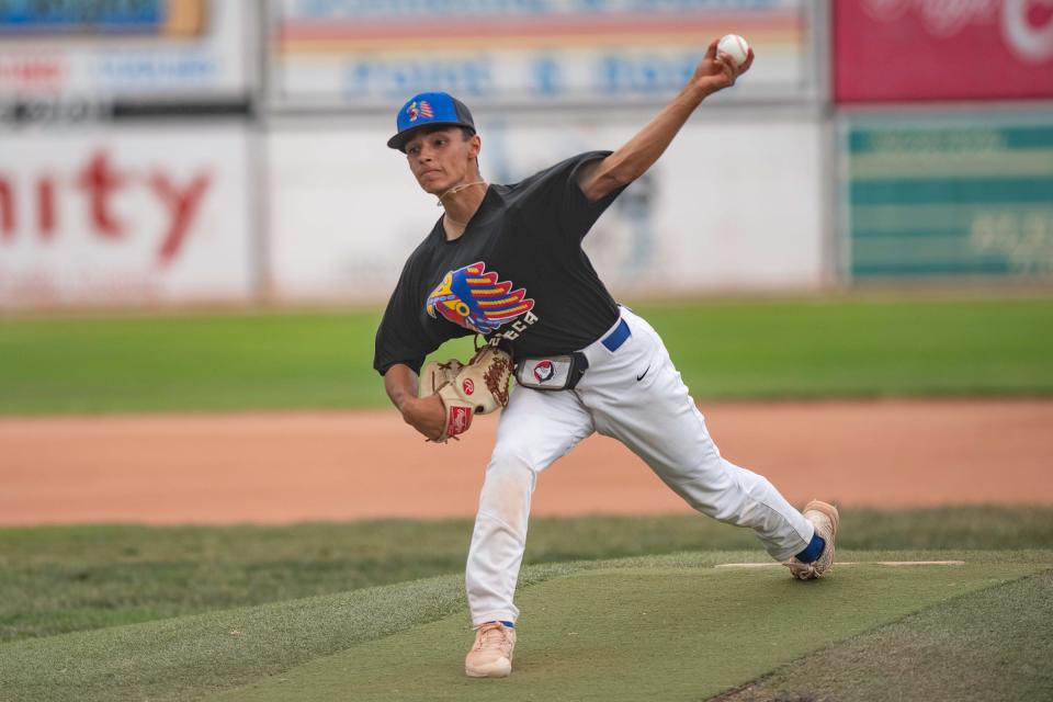 Pueblo Azteca pitcher Jake Olguin-Pacheco throws a pitch during a game against the Woodward Travelers during the 42nd annual Tony Andenucio Memorial Baseball Tournament on Saturday, June 18, 2022, in Pueblo, Colo.
