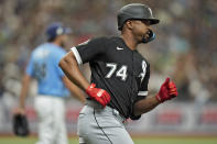 Chicago White Sox's Eloy Jimenez (74) runs the bases after his RBI double off Tampa Bay Rays pitcher Zach Eflin during the fourth inning of a baseball game Sunday, April 23, 2023, in St. Petersburg, Fla. (AP Photo/Chris O'Meara)