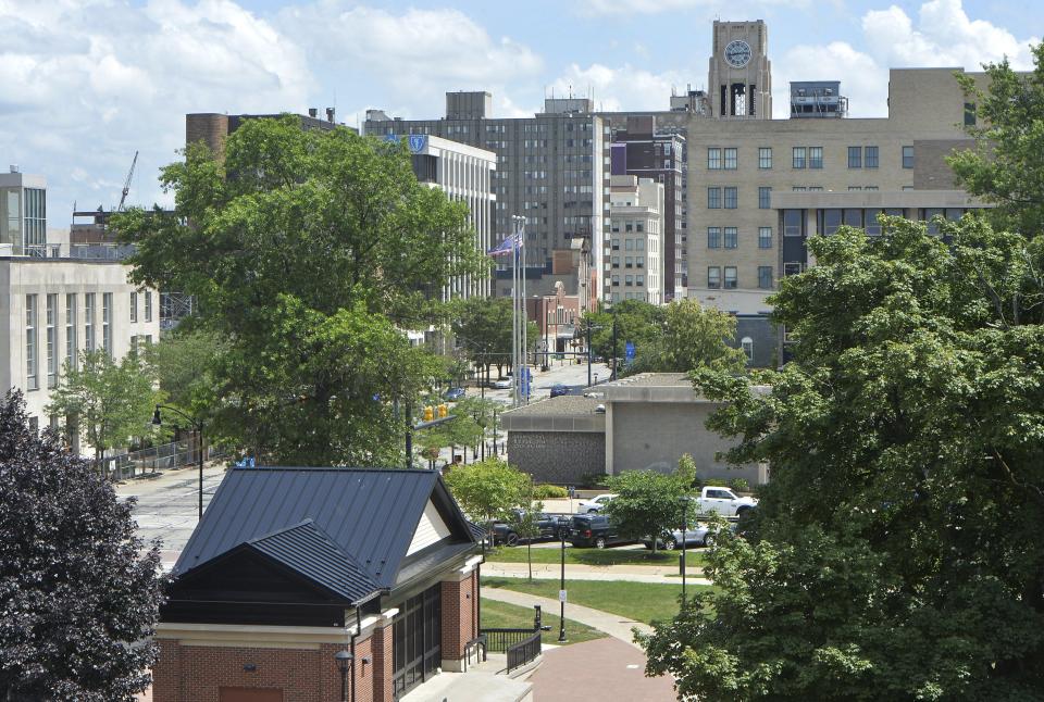 A view of the heart of Erie's downtown, Perry Square and State Street, looking south, is seen from apartments on the second and third floors of the former Park Place/Sherlock’s building.