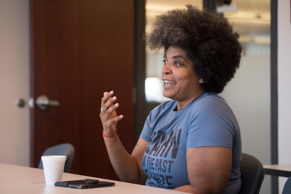 Ash-Lee Woodard Henderson, co-executive director of the Highlander Research and Education Center, speaks about where things stand with the nonprofit since a suspicious fire destroyed its main offices in March, in the office of the Knoxville News Sentinel, Tuesday, Aug. 26, 2019.