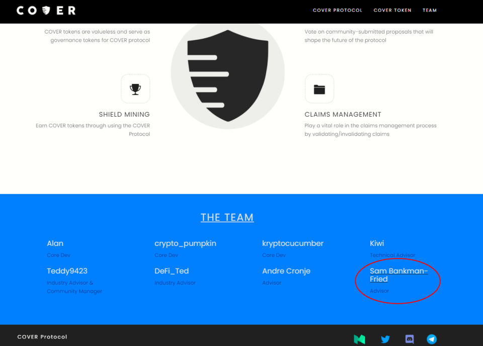 Bankman-Fried was listed as an advisor for a crypto token called Cover Protocol (Cover Protocol)