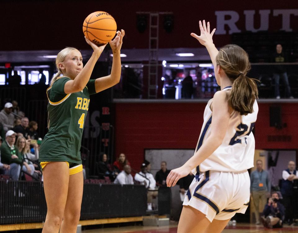 RBC Katie Liggio makes a long three in first half. Red Bank Catholic Girls dominate Pope John 80-23 in NJSIAA Non Public A final at Piscataway, NJ on March 8, 2024.
