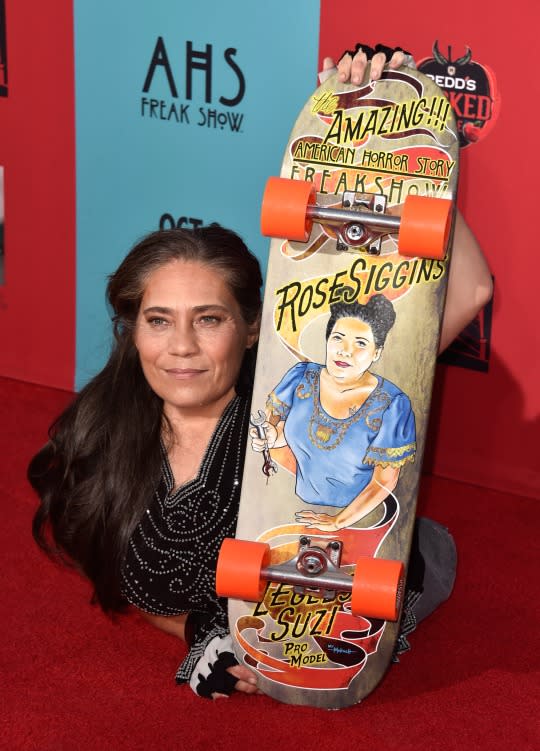 “American Horror Story: Freak Show” actress Rose Siggins died December 12; she was just 43 years old. Siggins was born with a rare genetic disorder called sacral agenesis, which gave her severely deformed legs; she had both legs amputated as a child, and went on to become an advocate for the disabled, as well as play sideshow performer Legless Suzi in the fourth season of FX’s horror anthology. Siggins is survived by her husband, Dave, and two children. (Credit: Getty Images)  