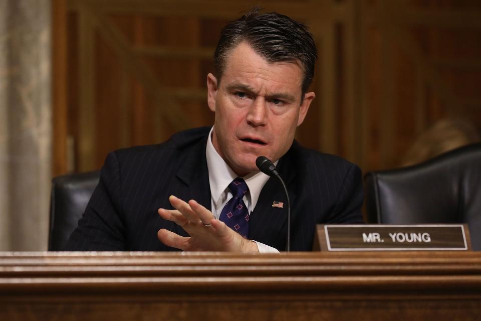 Senate Foreign Relations Committee member Sen. Todd Young (R-IN) questions witnesses during a committee hearing about Libya in the Dirksen Senate Office Building on Capitol Hill April 25, 2017 in Washington, DC. Senators heard testimony from country specialists about the thousands of small and large factions that splinter politics and security today in Libya.