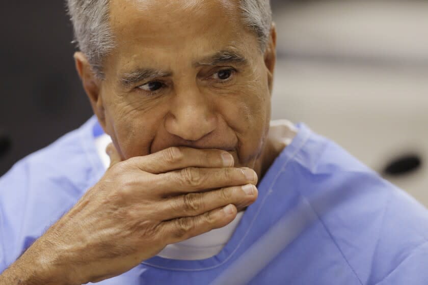 Sirhan Sirhan reacts during a parole hearing Wednesday, Feb. 10, 2016, at the Richard J. Donovan Correctional Facility in San Diego. For the 15th time, officials denied parole for Sirhan Sirhan, the assassin of Sen. Robert F. Kennedy, after hearing Wednesday from another person who was shot that night and called for the release of Sirhan. (AP Photo/Gregory Bull, Pool)