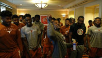 Members of the Texas Longhorns football team joke Saturday Sept. 7, 2019 at the team hotel in Austin, Tx. ( Photo by Edward A. Ornelas )