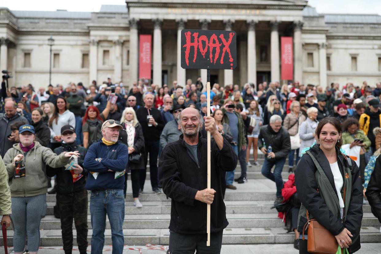 Anti-lockdown protesters, who believe that the coronavirus pandemic is a hoax, gather at the 'Unite For Freedom' rally in Trafalgar Square: PA