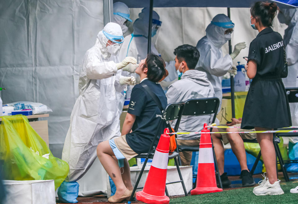 Xinfadi market workers take nucleic acid test in Beijing, China on June 17, 2020.