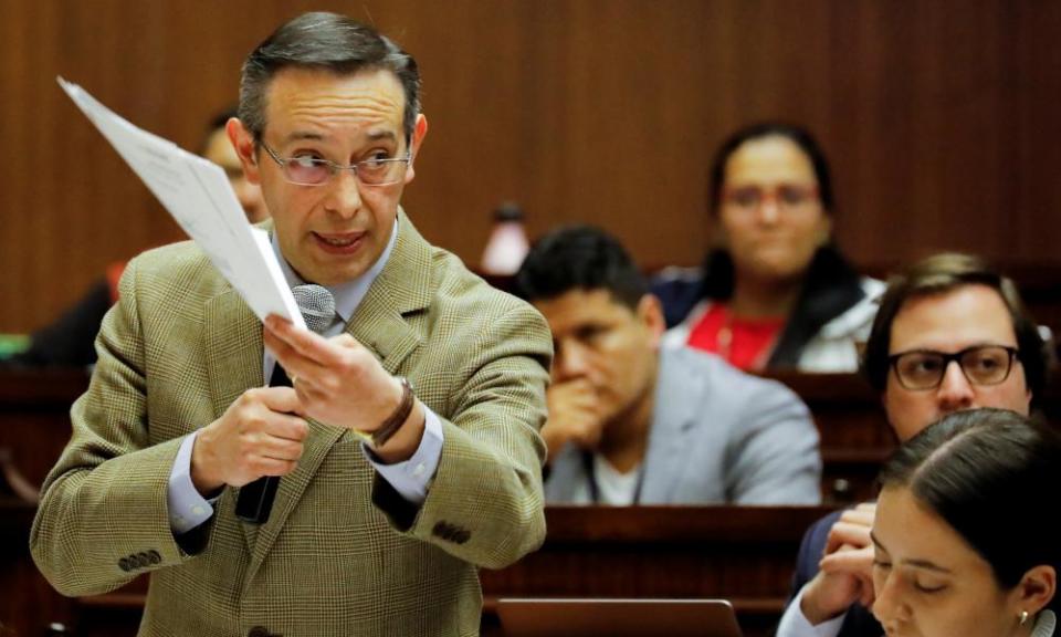 Edgar Neira, lawyer of President Guillermo Lasso, attends an impeachment hearing in Quito on Friday.