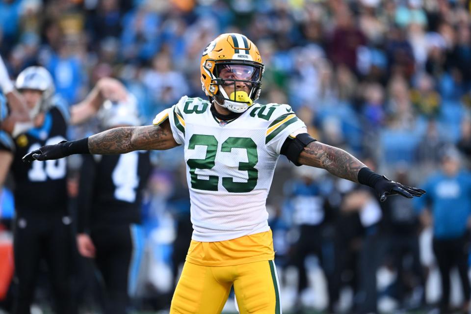 Green Bay Packers cornerback Jaire Alexander (23) reacts in the fourth quarter at Bank of America Stadium.