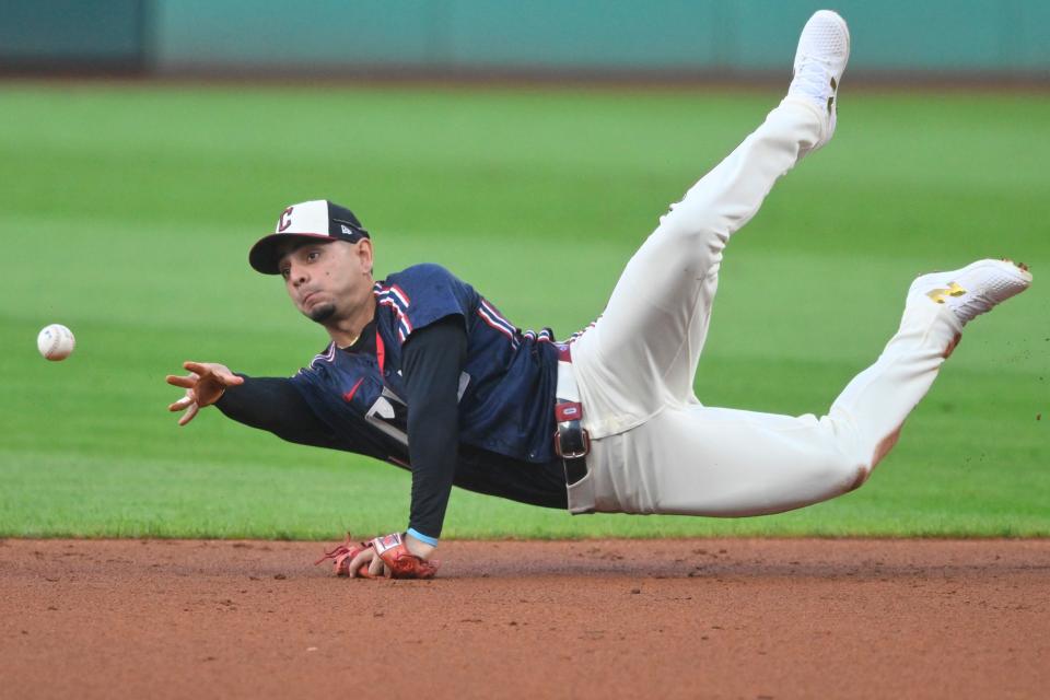 Sep 18, 2024; Cleveland, Ohio, USA; Cleveland Guardians second baseman Andres Gimenez (0) throws to second base in the first inning against the Minnesota Twins at Progressive Field. Mandatory Credit: David Richard-Imagn Images