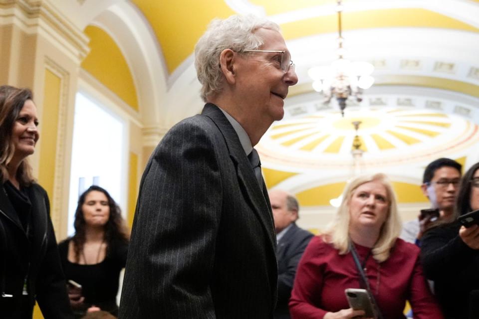 Mr McConnell walking to the Senate to speak on the floor on 28 February 2024 (AP)