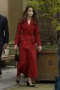 <p>While visiting St. Bartholomew's Hospital with Prince William, Kate chose a striking red, double-breasted overcoat from the Duchess-approved brand, Alexander McQueen. The Duchess was at the hospital to <a href="https://www.townandcountrymag.com/society/tradition/a34425134/kate-middleton-red-coat-alexander-mcqueen-hold-still-photo/" rel="nofollow noopener" target="_blank" data-ylk="slk:launch her Hold Still photo show;elm:context_link;itc:0;sec:content-canvas" class="link ">launch her <em>Hold Still</em> photo show</a>, which she worked on for much of lockdown. </p>