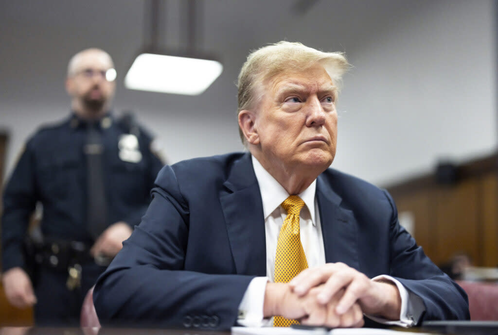 Former President Donald Trump sits in court during the final day of testimony in his New York trial. Trump, the first former U.S. president to face trial on criminal charges, is accused of falsifying business records to cover up hush money payments. (Justin Lane-Pool/Getty Images)