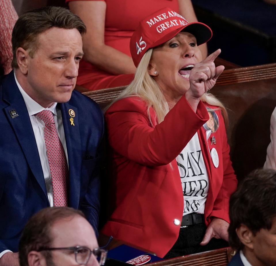 Rep Marjorie Taylor Greene (R-Ga) yells as President Joe Biden delivers the State of the Union address to Congress at the U.S. Capitol in Washington on March 7, 2024.