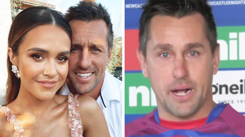 Mitchell Pearce (pictured left) smiling with his fiance and (pictured right) crying in a press conference.