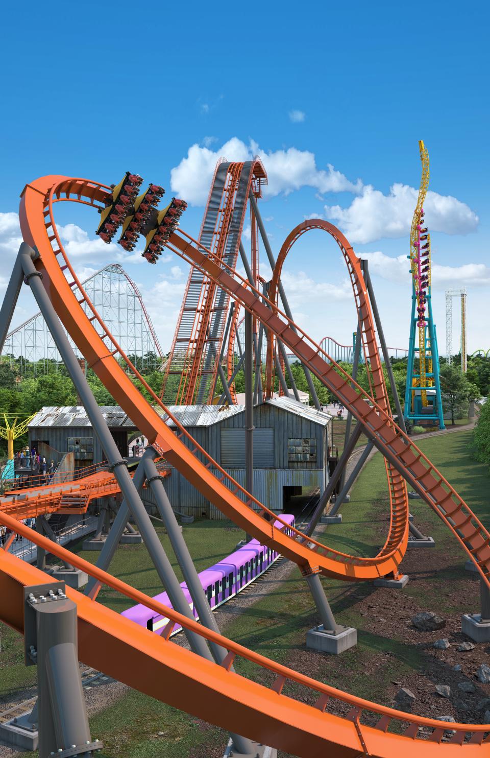 Dorney Park and Wildwater Kingdom's newest rollercoaster, "Iron Menace" features nearly 2,200 feet of steel track, a 160-ft. rise, several loops and an innovate "hold and dive" feature that suspends riders before experiencing a 95-degree, 152-ft. drop. Iron Menace will open in the 2024 season.