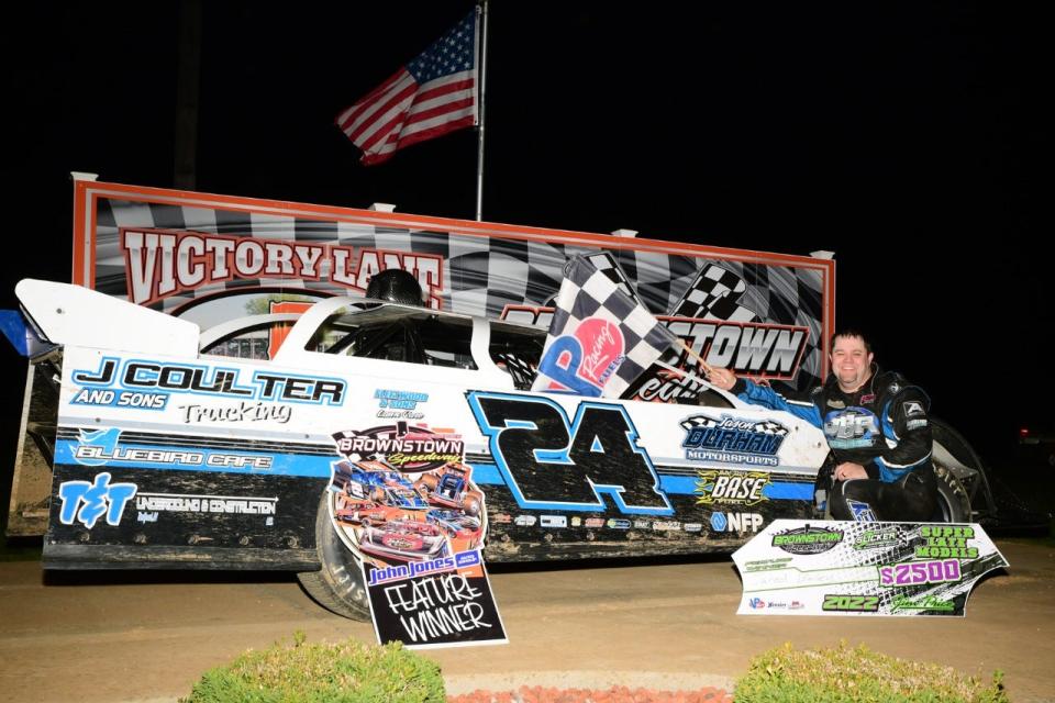 Bedford's Jared Bailey enjoys the limelight after winning the Super Late Model feature at Brownstown Speedway on April 23.