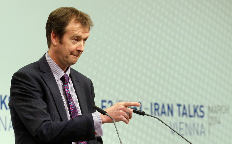 Michael Mann, spokesperson for EU foreign policy chief Catherine Ashton speaks to the media during closed-door nuclear talks in Vienna, Tuesday, March 18, 2014. Iran's foreign minister Mohamad Javad Zarif and Catherine Ashton have launched a new round of nuclear talks between Tehran and six world powers, putting a reported tiff behind them. The two sides hope to reach an agreement by July that trims Iran's nuclear activities in exchange for an end to sanctions choking Tehran's economy. (AP Photo/Ronald Zak)