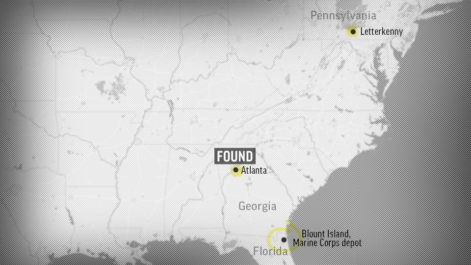 A map showing Blount Island, a U.S. Marine Corps depot from which the ammunition train departed; Letterkenny Army Depot, where the theft was discovered; and Atlanta, where some of the armor-piercing grenades were recovered. (AP Graphic)