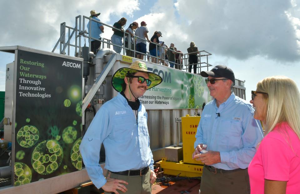 Jack Levy, AECOM deputy project manager, Dan Levy, vice president and founder of AECOM’s Algae practice, and Senator Debbie Mayfield on the ship. Brevard County Natural Resources Management and the Florida Dept. of Environmental Protection unveiled a new AECOM Algae Harvesting Ship. The event was held at Front Street Park in Melbourne Sept.13, and included tours of the ship on the Indian River Lagoon.