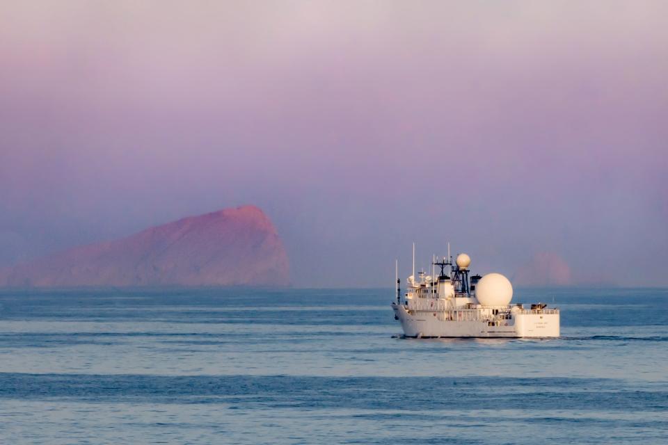 The surveillance ship USNS Invincible transits the Strait of Hormuz in November 2018 in the Middle East.