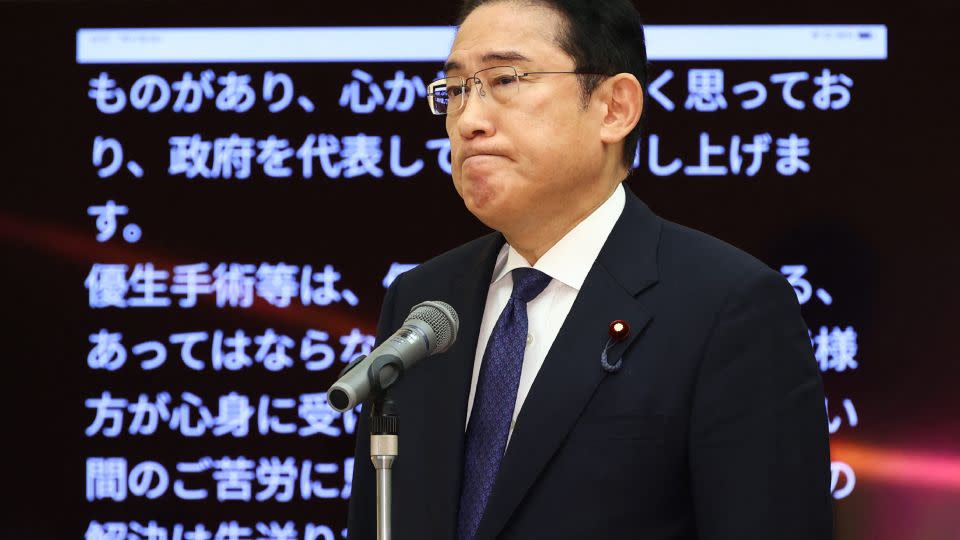 Prime Minister Fumio Kishida apologizes during a meeting with the plaintiffs and their supporters at his official residence in Tokyo on July 17, 2024. - JIJI Press/AFP/Getty Images