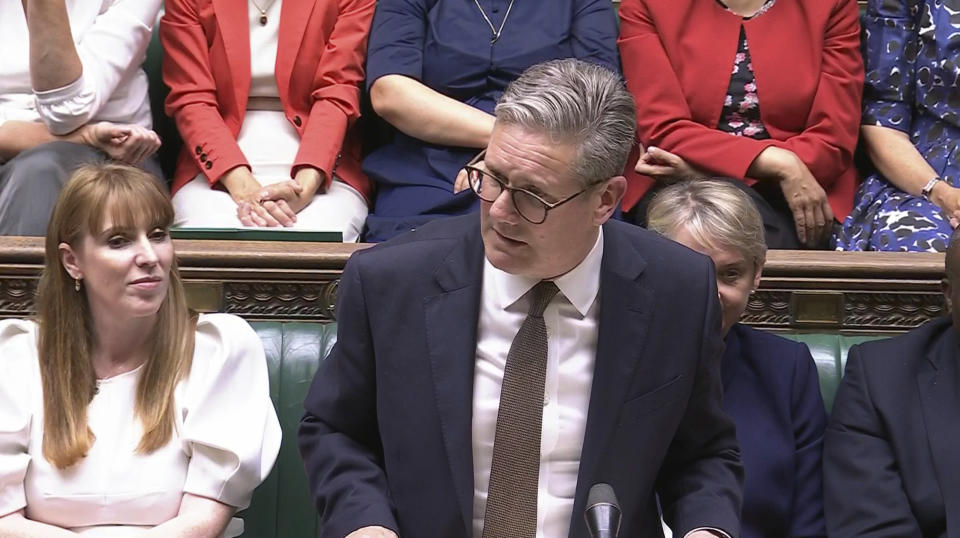 In this image taken from video, Britain's Prime Minister Keir Starmer speaks in the House of Commons, London, Tuesday July 9, 2024, as Parliament returned on Tuesday. (House of Commons/UK Parliament via AP)