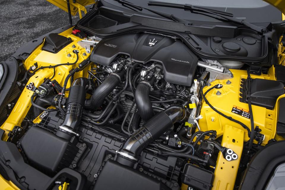 <p>Under the hood, the previous Ferrari-sourced 4.7-liter V-8 has been swapped out in favor of a twin-turbocharged 3.0-liter V-6.</p>