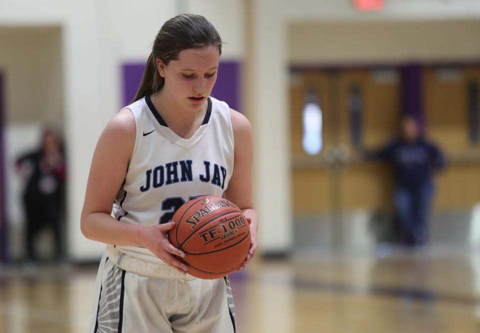 John Jay's Gabby Sweeney readies to shoot a free throw against New Rochelle during a Section 1 Class AA girls basketball playoff game on Feb. 22, 2020.