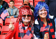 USA fans smile during the Women's Football first round Group G match between United States and Colombia on Day 1 of the London 2012 Olympic Games at Hampden Park on July 28, 2012 in Glasgow, Scotland. (Getty Images)