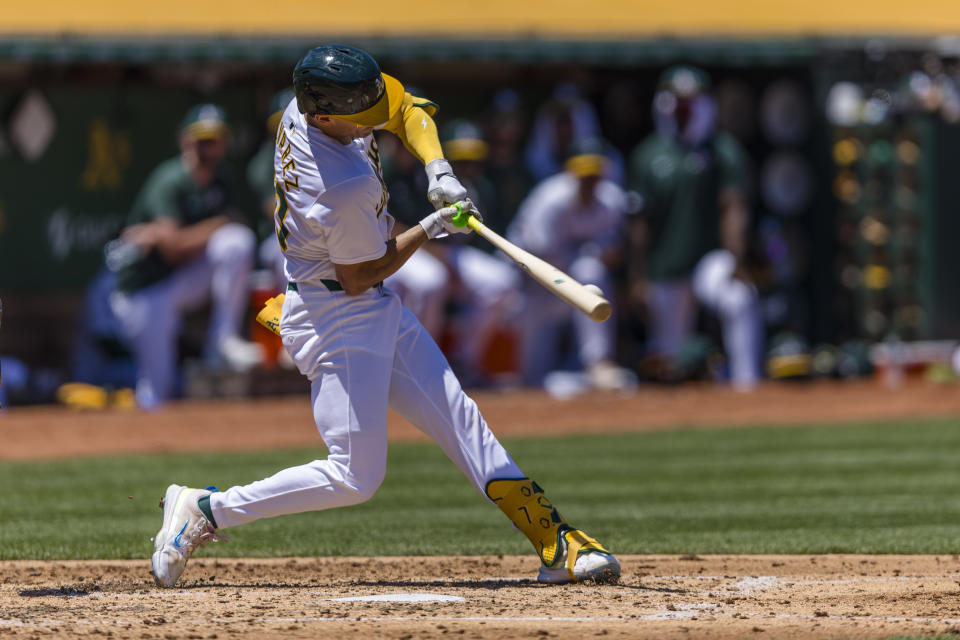 Oakland Athletics' Armando Alvarez hits a single against the Baltimore Orioles during the second inning of a baseball game Saturday, July 6, 2024, in Oakland, Calif. (AP Photo/John Hefti)