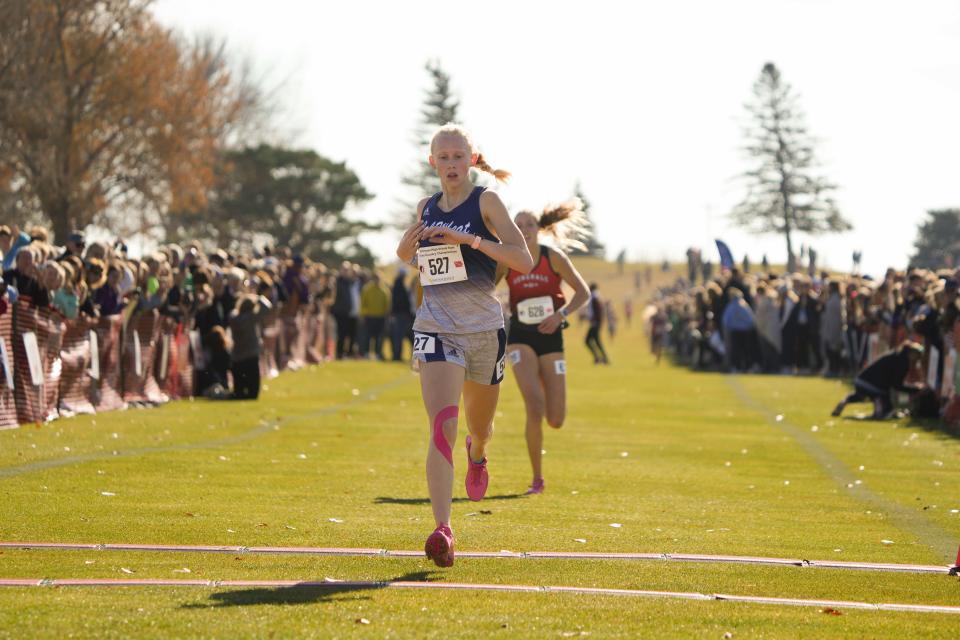 Calamus-Wheatland sophomore Noelle Steines repeated as Class 1A girls state cross country champion in 2022 despite suffering  a partially torn patellar tendon prior to the start of the season.