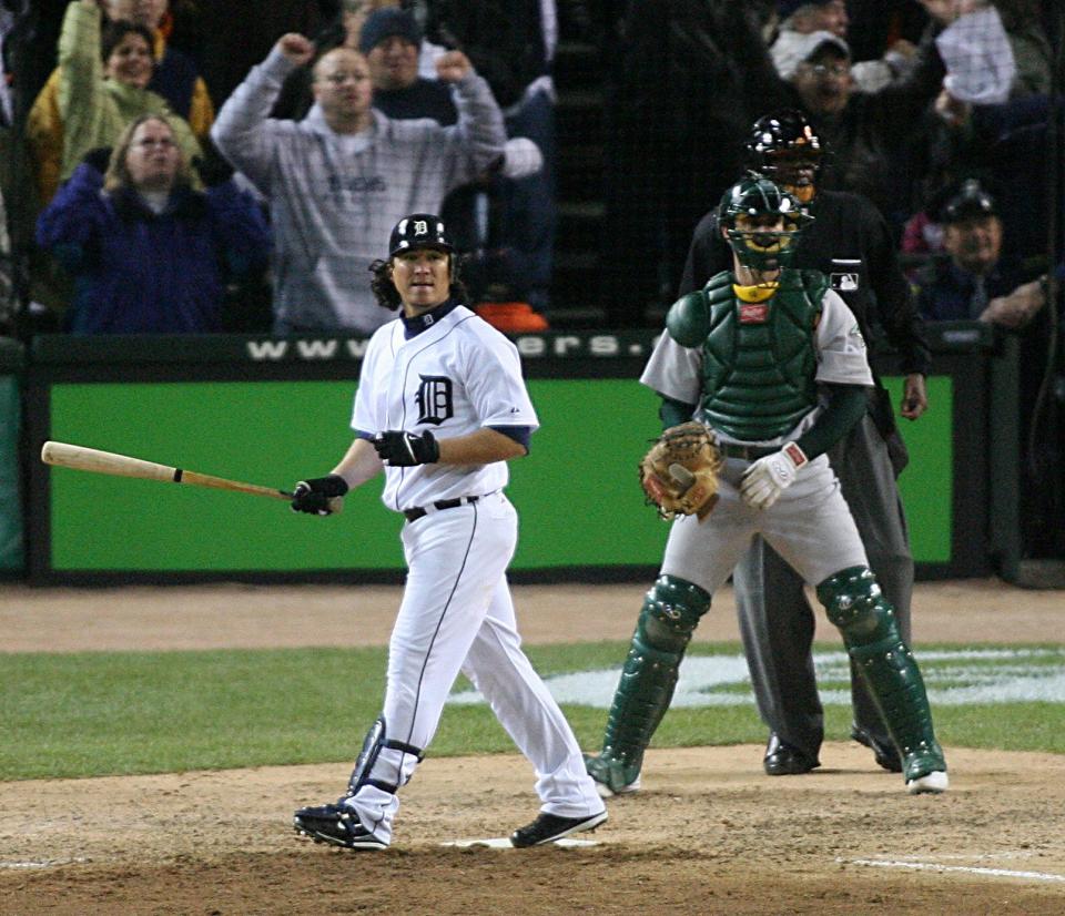 Tigers outfielder Magglio Ordonez hits a 3-run, walk-off home run to defeat the Athletics, 6-3, in Game 4 of the American League Championship Series at Comerica Park on Saturday, Oct. 14, 2006.