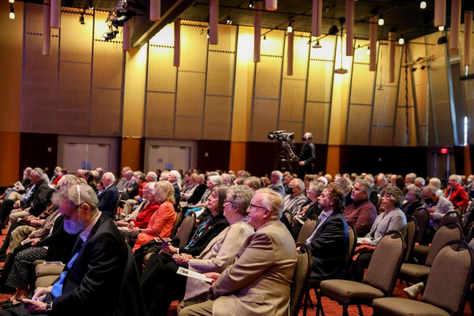 Community members celebrate the life of Gerry Frank, a renowned businessman, author and philanthropist, during a service at Salem Convention Center on Thursday.