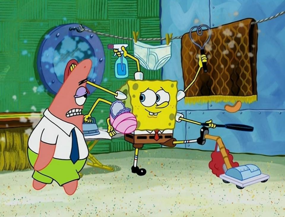 Patrick Star and SpongeBob SquarePants in SpongeBob's house, doing a silly walk with a vacuum and mop
