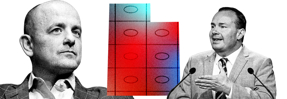 An outline of the state of Utah with rows and columns of ballot bubbles and Mike Lee and Evan McMullin on either side
