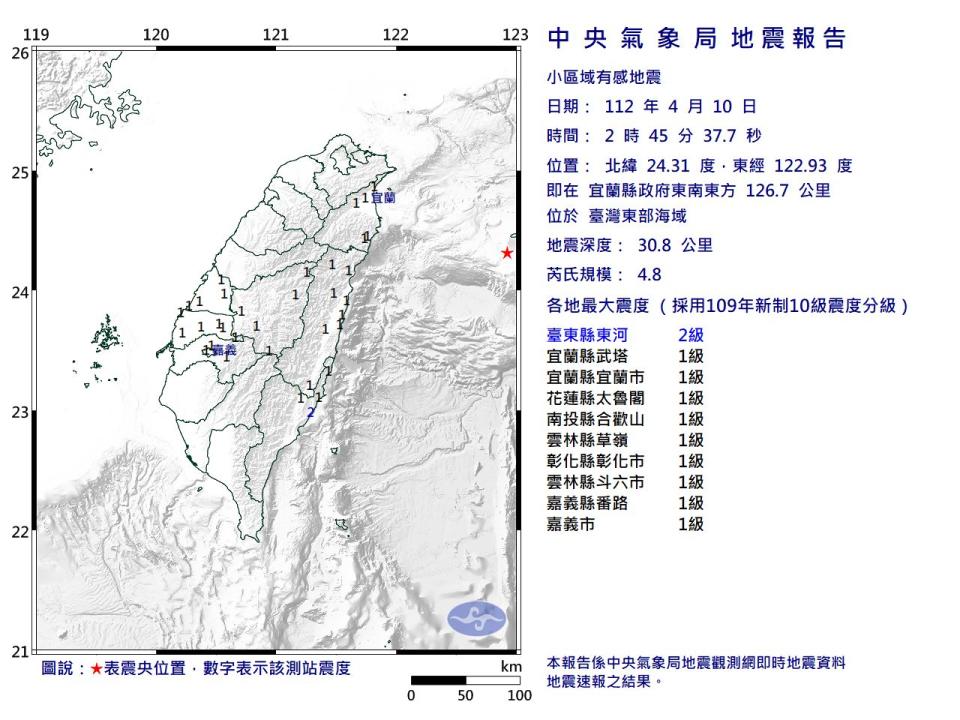 今（10）天凌晨2點45分發生規模4.8地震，震央位於台灣東部海域。   圖：氣象局提供