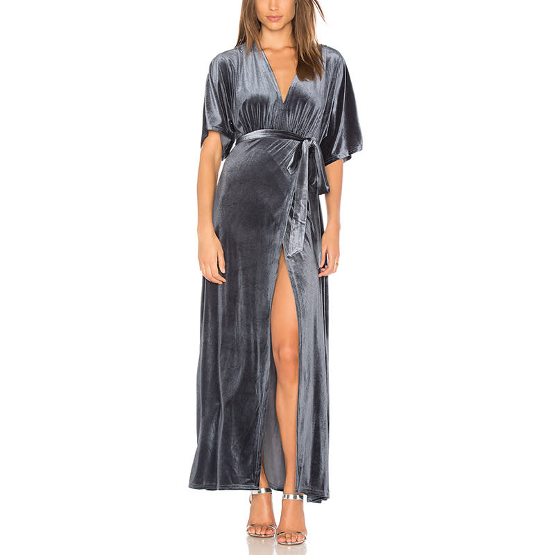 <p>You can't go wrong with a wrap dress and a gorgeous gray shade in velvet is unexpected and elevated.</p> <p><a rel="nofollow noopener" href="http://www.anrdoezrs.net/links/3550561/type/dlg/http://www.revolve.com/wyldr-dreamer-velvet-wrap-dress/dp/WYLR-WD95/?d=Womens&page=1&lc=9&plpSrc=%2Fr%2FBrands.jsp%3F%26aliasURL%3Ddresses%252Fbr%252Fa8e981%26s%3Dc%26c%3DDresses%26price%255B%255D%3DUNDER_100%26price%255B%255D%3DUNDER_100%26sortBy%3Dfeatured" target="_blank" data-ylk="slk:WYLDR Dreamer Velvet Wrap Dress;elm:context_link;itc:0;sec:content-canvas" class="link ">WYLDR Dreamer Velvet Wrap Dress</a>, $97</p>
