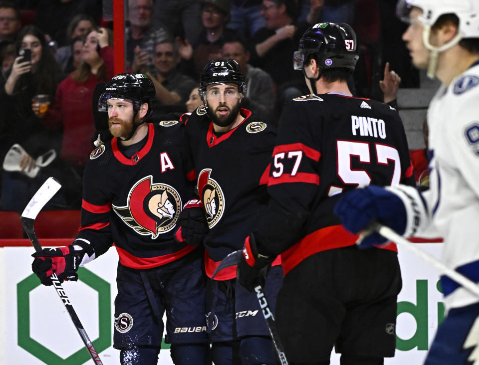Ottawa Senators center Derick Brassard (61) celebrates after a goal against the Tampa Bay Lightning during second-period NHL hockey game action in Ottawa, Thursday, March 23, 2023. (Justin Tang/The Canadian Press via AP)