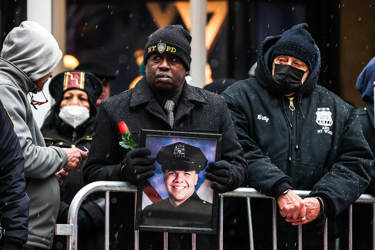 Thousands of NYPD officers attend the funeral of Officer Jason Rivera at St. Patrick's Cathedral on Jan. 28, 2022 in New York. (Tayfun Coskun / Anadolu Agency via Getty Images file)