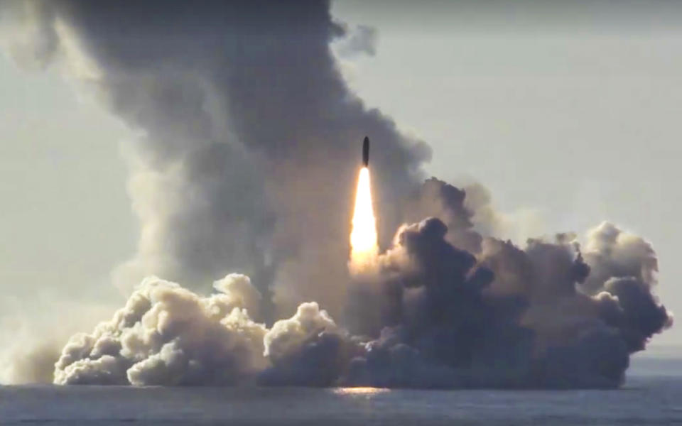 Footage from the web site of Russia’s Defense Ministry shows the nuclear submarine Yuri Dolgoruky test-firing Russia’s Bulava missiles on the White Sea on May 22, 2018. The exercise was the first launch of four Bulava missiles in a single salvo. (Photo: Russian Defense Ministry Press Service/AP)