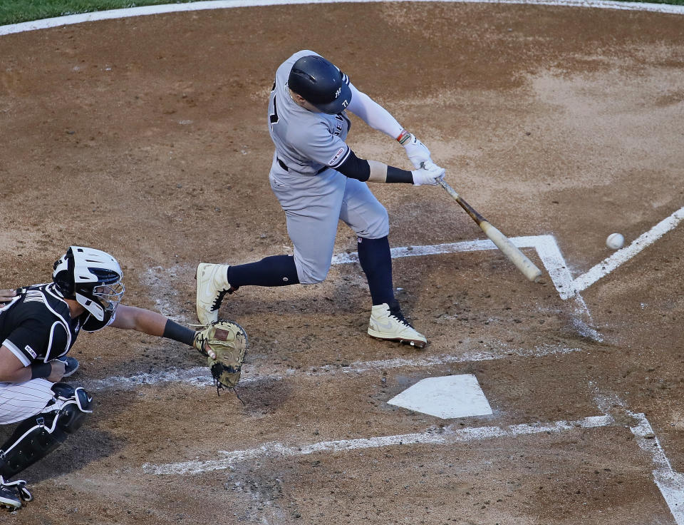 CHICAGO, ILLINOIS - JUNE 13: Clint Frazier #77 of the New York Yankees bats against the Chicago White Sox at Guaranteed Rate Field on June 13, 2019 in Chicago, Illinois. (Photo by Jonathan Daniel/Getty Images)