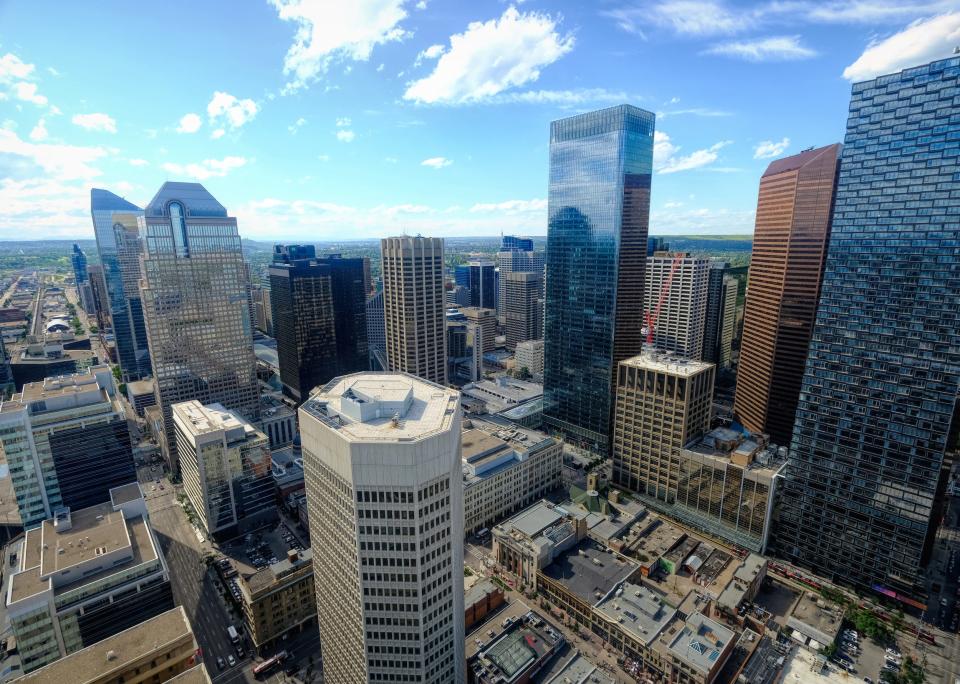 An aerial view of downtown Calgary, in Alberta, Canada.