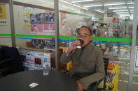 <p>Takehiko Tsuiki, 73, lives in Hiratsuka city in Kanagawa Prefecture. He stopped by a FamilyMart, a large Japanese convenience store chain, for coffee before going to his doctor’s office in Tokyo on Nov. 6, 2017. “I’m sure Trump and Abe are trying to address that threat but I think it’s a problem between the U.S. and North Korea, not Japan and North Korea,” Tsuiki said. “What we have to do is put a period, put an end on the Korean War because it hasn’t officially ended. The parties involved in the Korean War include the U.S., South Korea and the United Nations — not Japan.” (Photo: Michael Walsh/Yahoo News) </p>